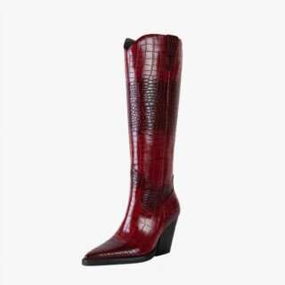 Botte cavalière femme rouge effet crocodile sur fond blanc