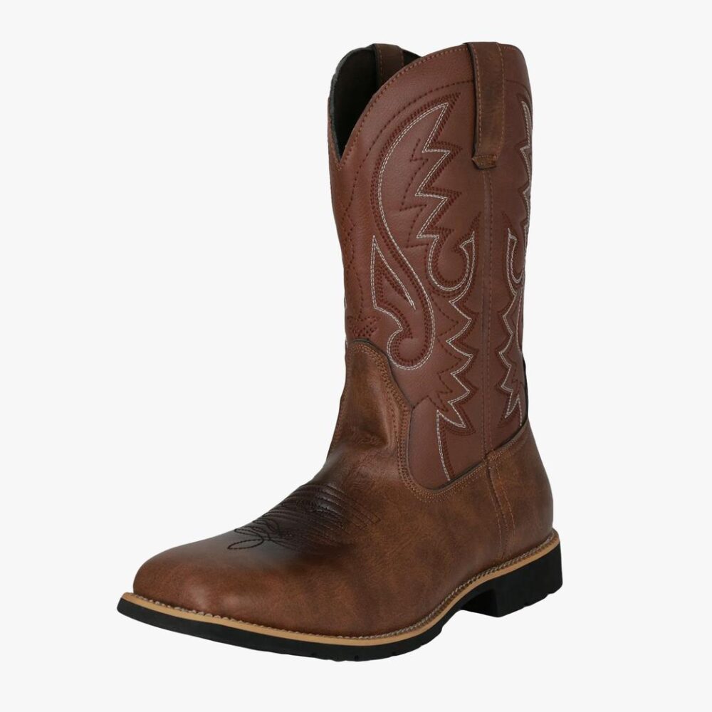 Botte cowboy homme marron à motifs brodés sur fond blanc