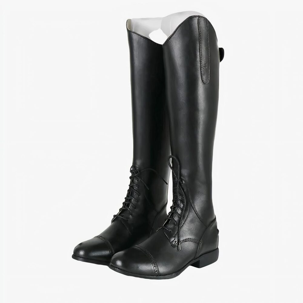 Botte équitation noire de haute qualité en cuir de vache sur fond gris