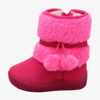 Botte fille rose et fourrée à pompons sur fond gris