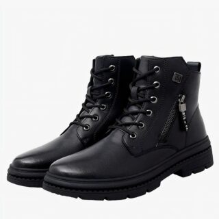 Botte fourrée homme noire en cuir à lacets sur fond blanc