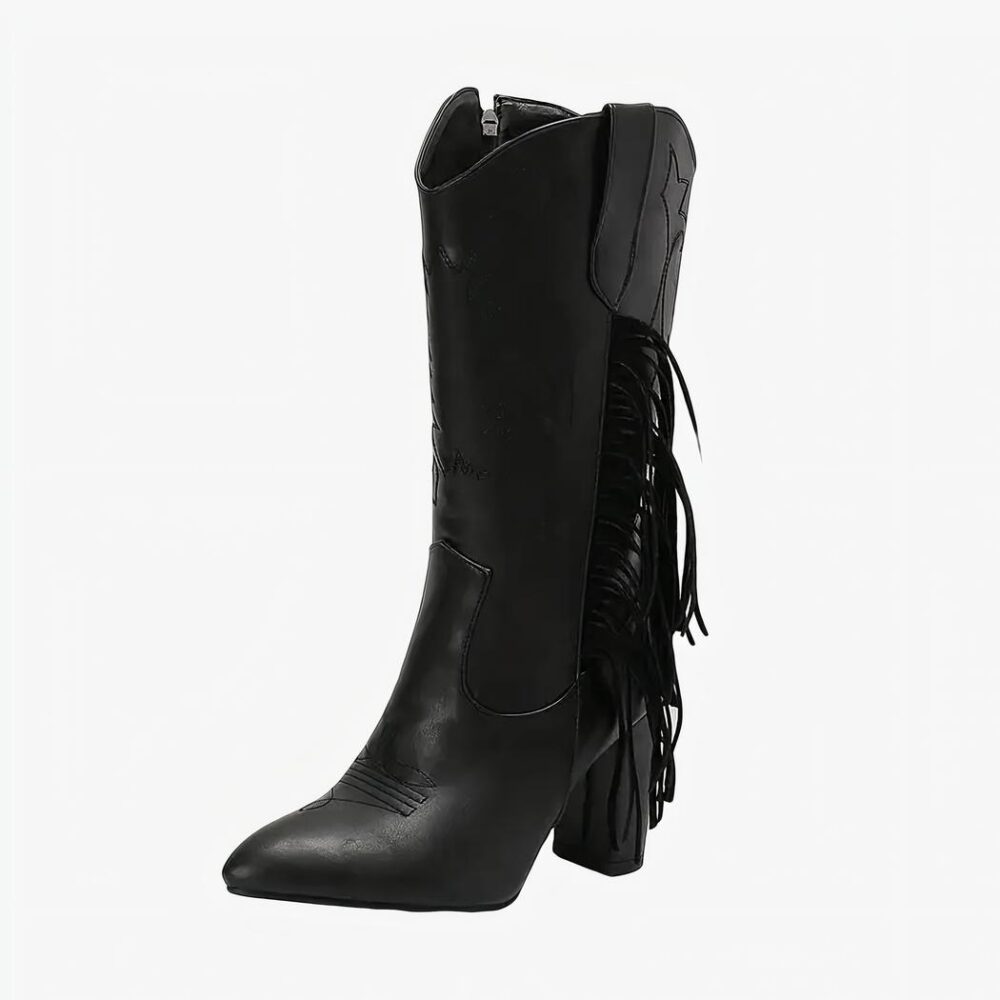 Botte mi haute femme noire style cowboy à franges sur fond blanc