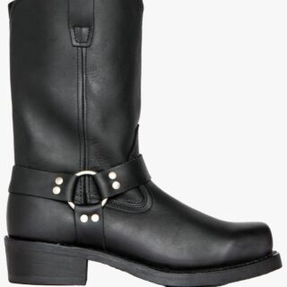 Botte mollet large homme noire et rétro à talon sur fond blanc