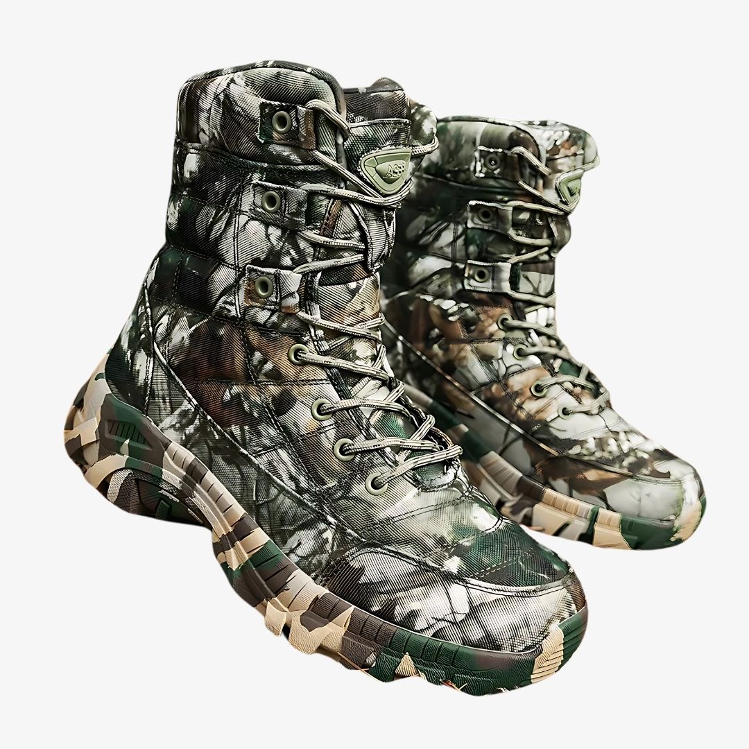 Botte de chasse polyvalente au style militaire sur fond blanc