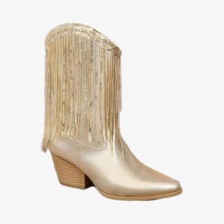 Botte cowboy femme dorée avec franges sur fond blanc