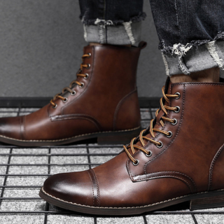 Botte cavalier homme marron en cuir avec lacets